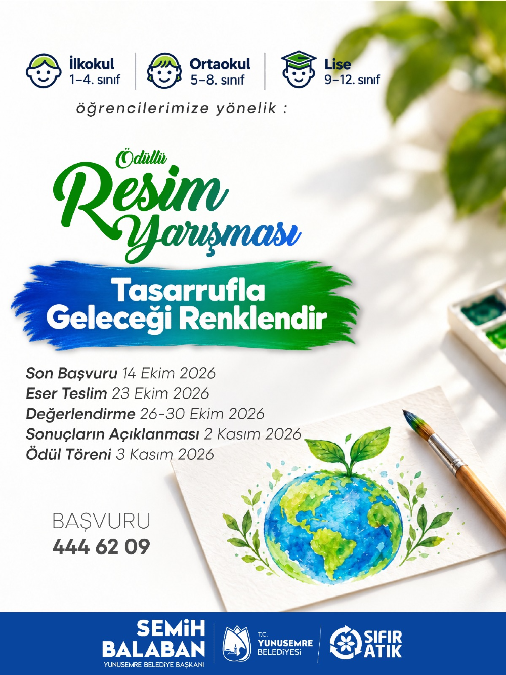 Yunusemre Belediyesi tarafından ilkokul, ortaokul ve lise öğrencilerine yönelik düzenlenen Tasarrufla Geleceği Renklendir temalı ödüllü resim yarışması duyurusu. 