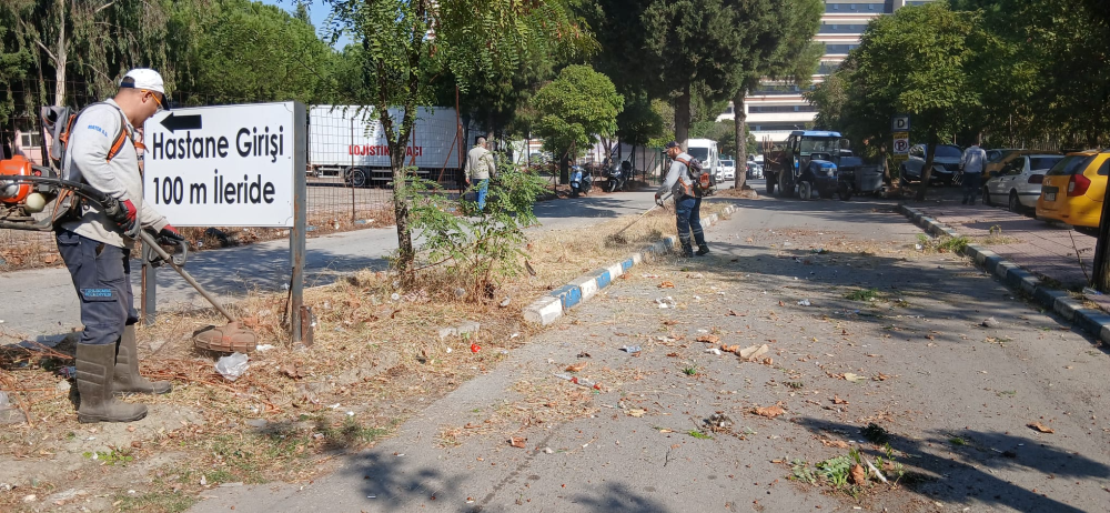 Belediye personeli iki işçi,  yol kenarındaki kurumuş otları motorlu tırpanlarla temizliyor. Arka planda ağaçlar, park halindeki araçlar ve bir traktör görülüyor.