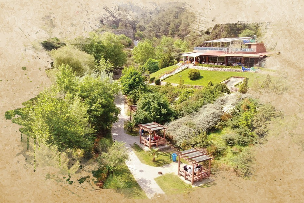 Yeşillikler içinde, ağaçlarla çevrili geniş bir park alanı ve arka planda teraslı bir restoran binası. Parkın içinde yürüyüş yolları, çim alanlar ve oturma grupları için ahşap çardaklar bulunuyor. Çardaklarda oturan insanlar ve çevredeki bitki örtüsüyle huzurlu bir dış mekan manzarası sunuluyor. Görselin kenarları eski kağıt dokusu efektiyle çerçevelenmiş.