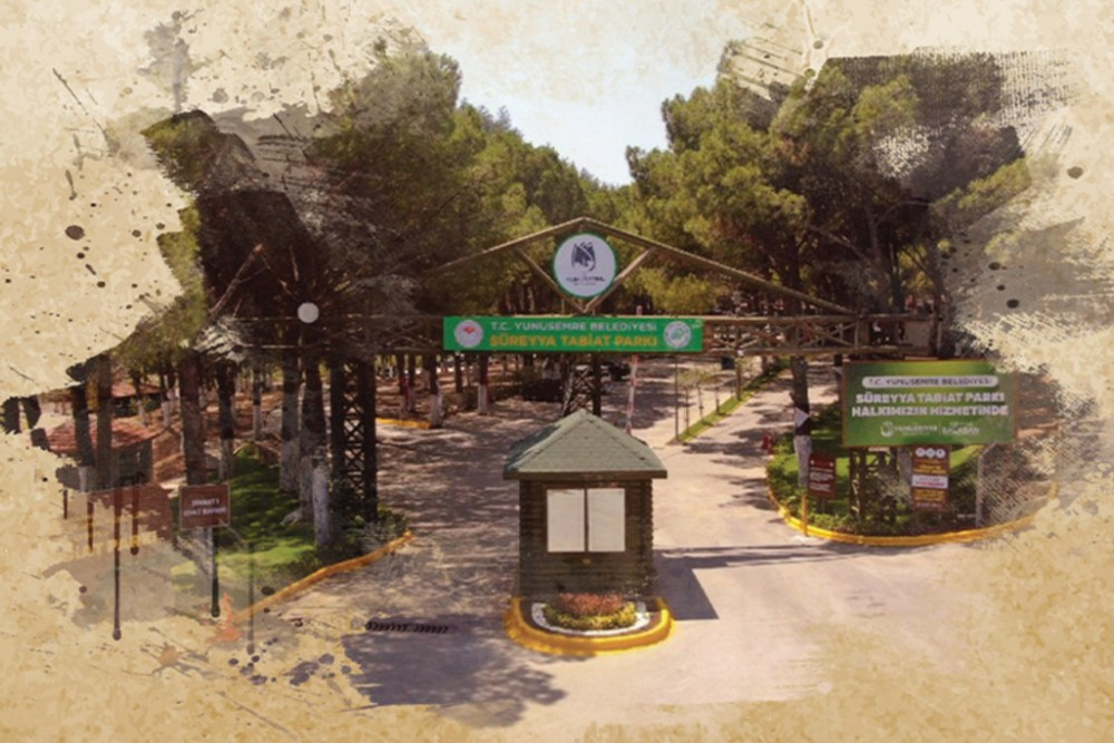 T.C. Yunusemre Belediyesi Süreyya Tabiat Parkı'nın giriş kapısı. Ahşap görünümlü büyük bir giriş takının üzerinde belediyenin logosu ve parkın ismi yazılıdır. Girişin önünde küçük bir güvenlik kulübesi, sağ tarafta ise parkın halkın hizmetinde olduğunu belirten bilgilendirme tabelası bulunur. Çevresi çam ağaçlarıyla çevrili olan parkın girişi, kenarları sarı boyalı asfalt bir yoldan oluşmaktadır. Görselin kenarları, eski bir kağıt dokusu efektiyle çerçevelenmiştir.